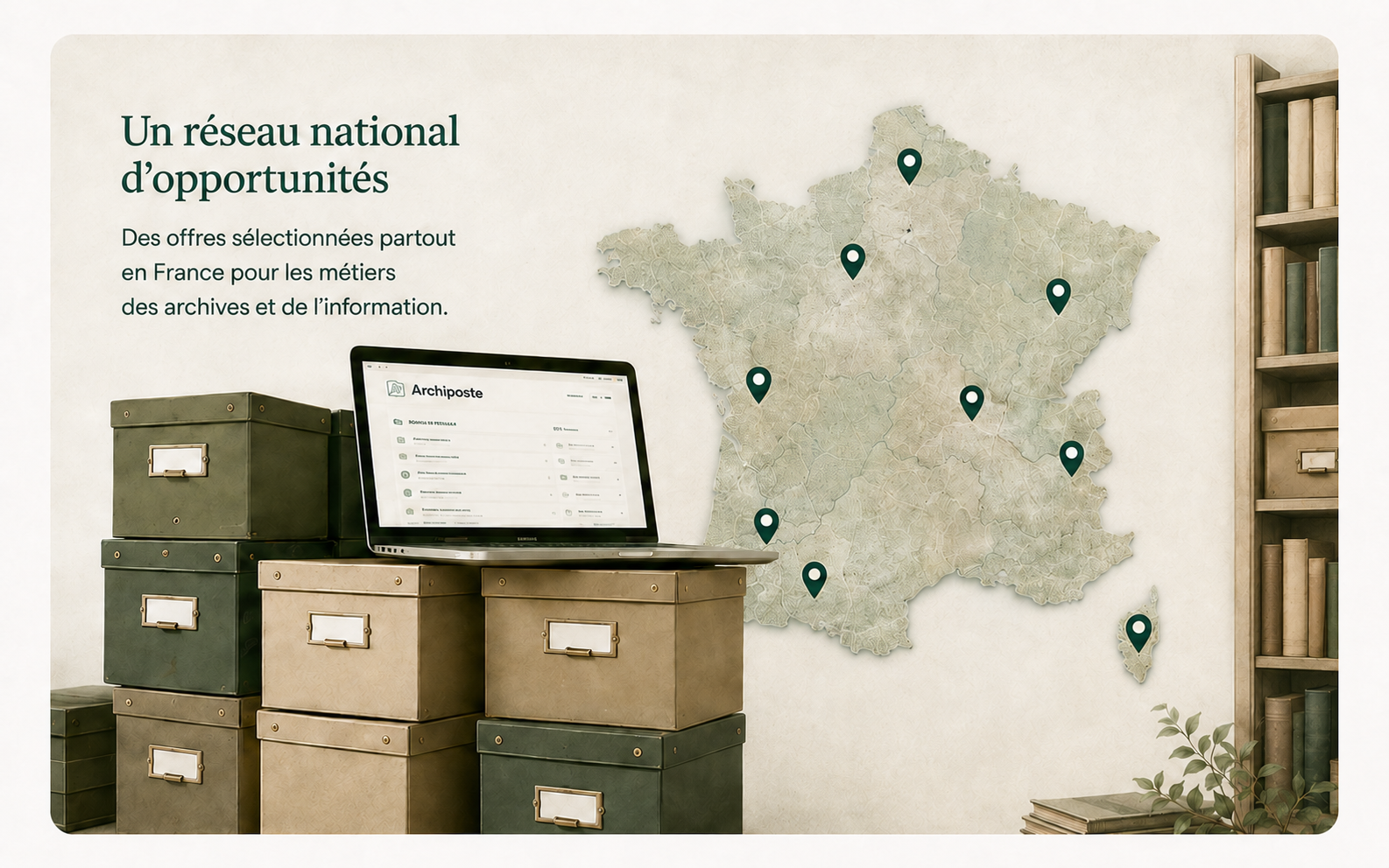 Illustration d’un réseau national d’opportunités avec une carte de France, des boîtes d’archives et un ordinateur portable